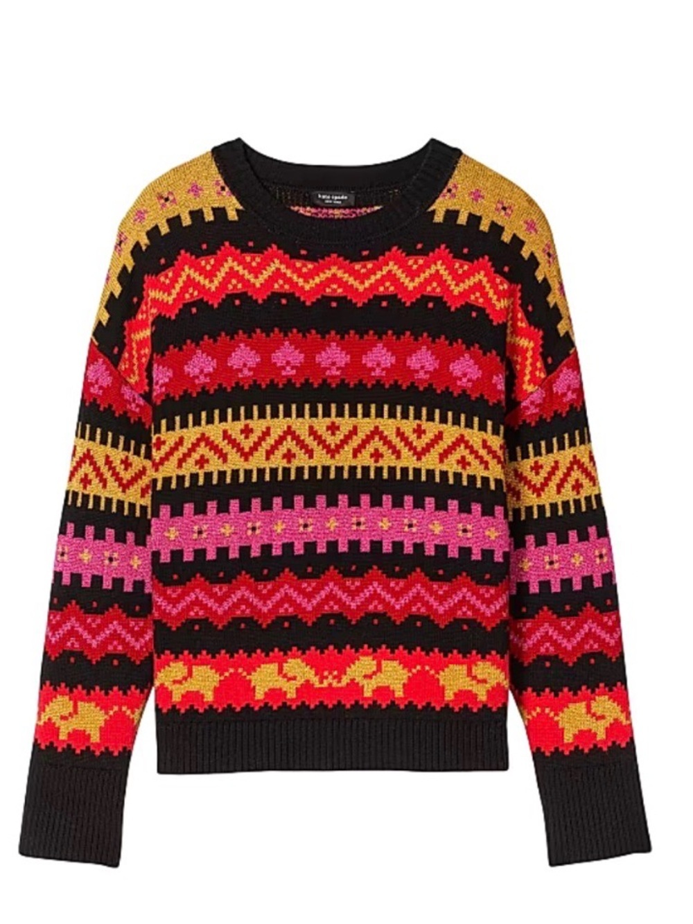 kate spade Black Crewneck Sweater with Pink, Red & Gold Fair Isle